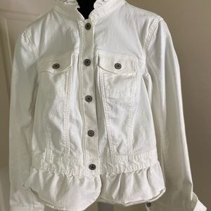 Talbots White Jean Jacket Ruffled sleeve and bottom and collar Size small